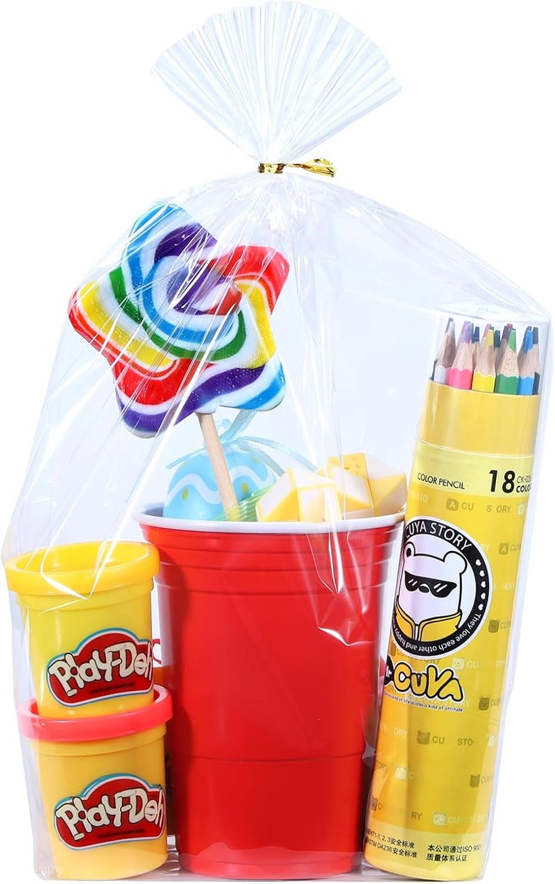 ZIMCEMS 50Pcs 10X14 inch Bottom Gusset Bags Clear Cellophane Gift Wrap Bags Basket Wrapping Plastic Large Cello Bags for Party Favors Treats Mug with 5" Twist Ties - Image 1
